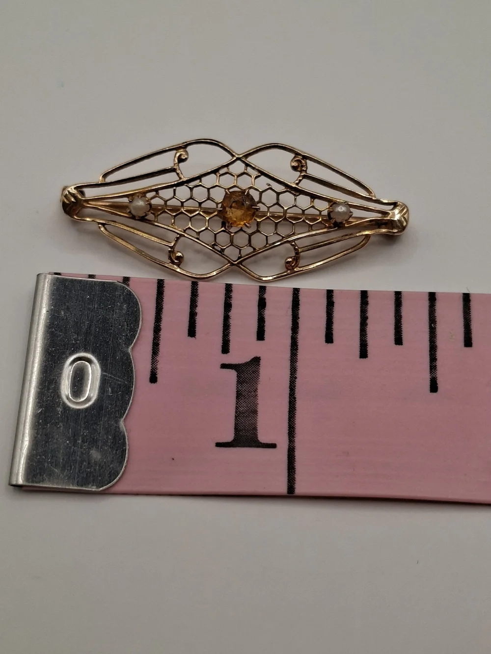 10K Gold Filigree Bar Brooch with Amber Center Stone And 2 Small Pearls